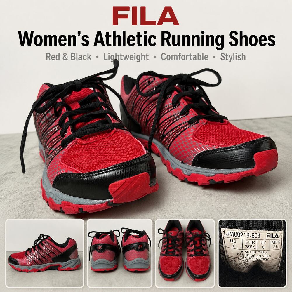 FILA Women’s Trail Running Shoes Red Black Gray Lace-Up Sneakers US 7
